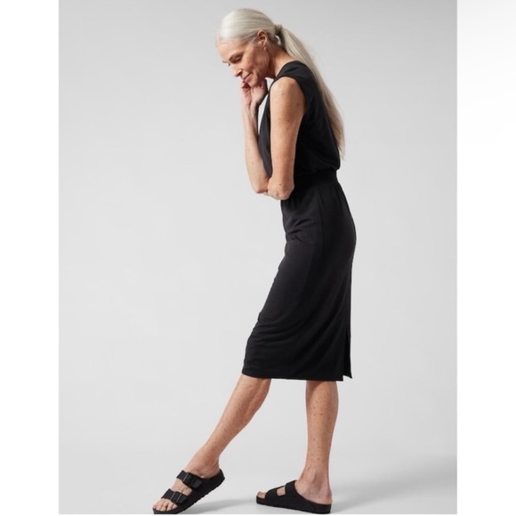 Athleta Santorini Cinch Dress Solid Black‎ Sleeveless Midi Size Small Petite - Picture 3 of 16